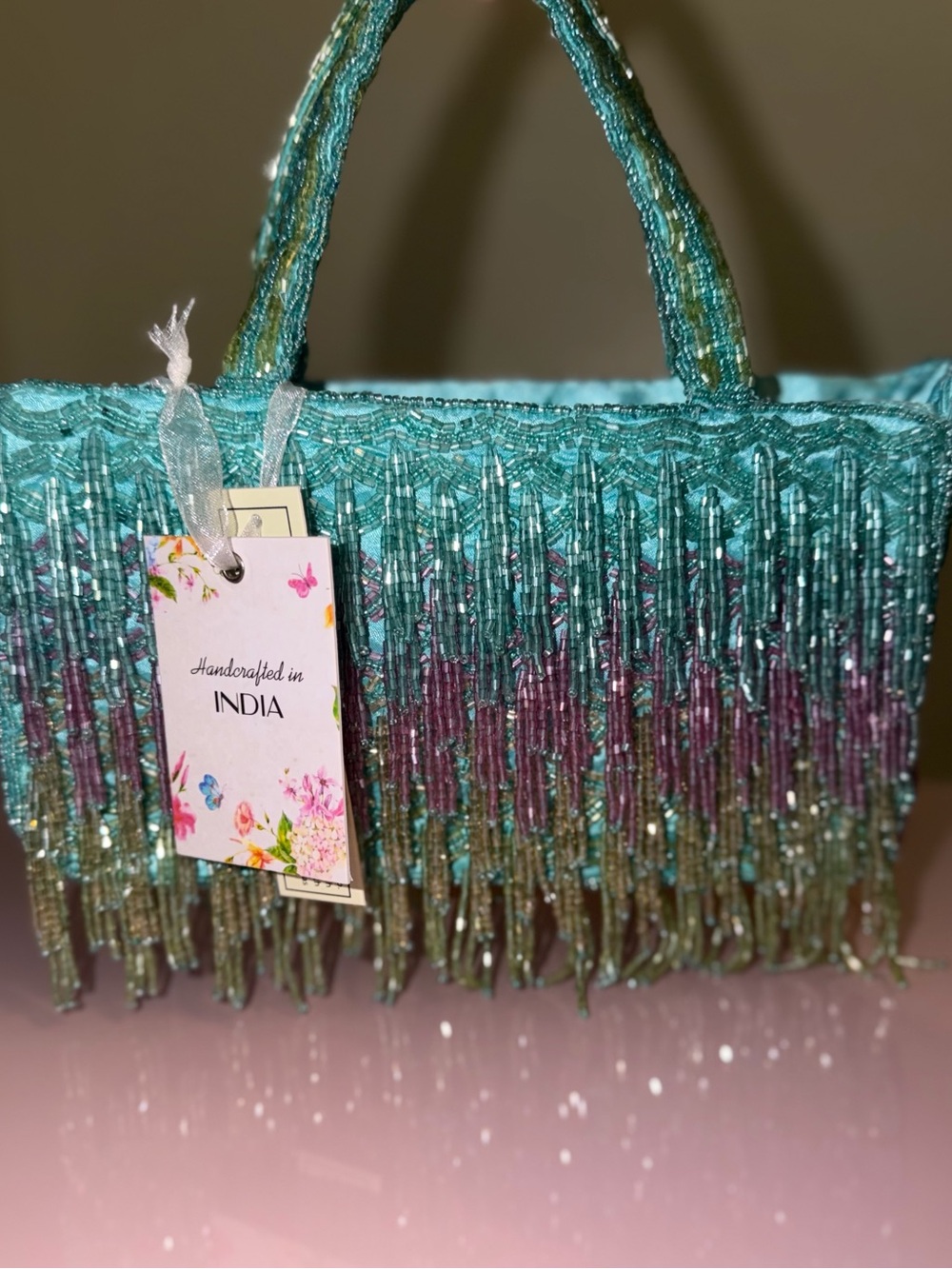 🌊 Beaded Fringe Mini Tote Bag Aqua Blue Handmade India Coastal Mermaid Y2K